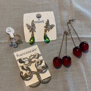 Francesca's Collections Gold Chain Earrings, cherry,butterfly gemstone and ring